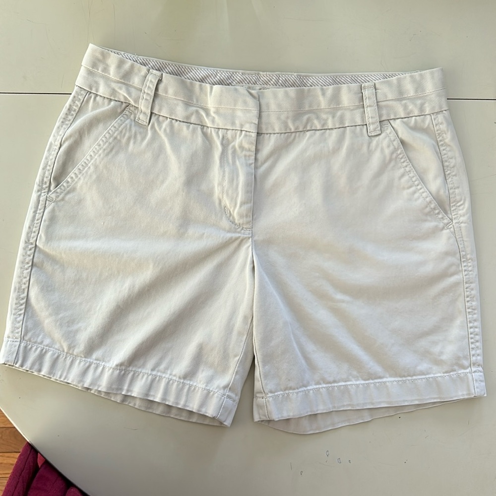 A pair of off white J.Crew cotton chino Classic Weathered shorts.